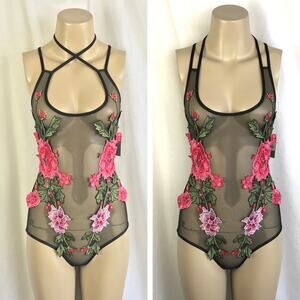 🌸 Black Sheer Mesh Strappy Bodysuit Pink Green Embroidered Flower Appliqués MED